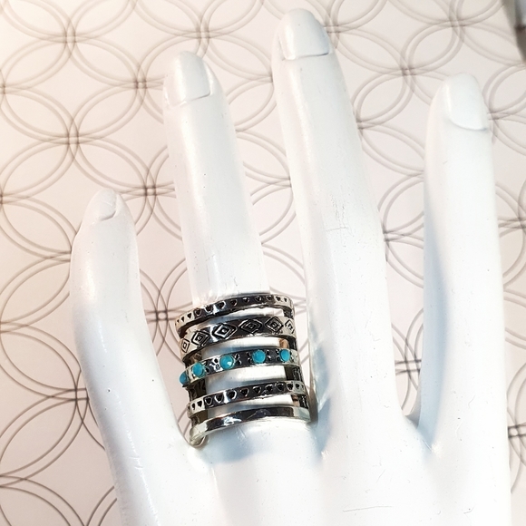 Boho Turqouise 5 Layered Silver Plated Ring - Picture 8 of 10